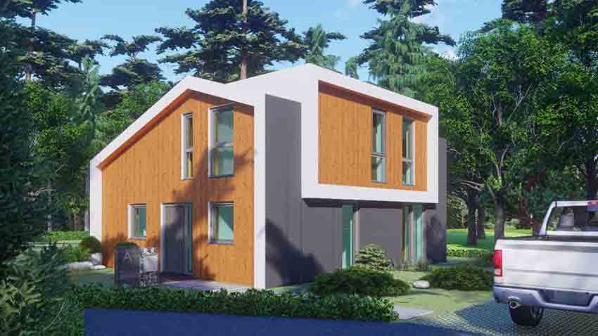 Modernes Bungalow aus Holz mit Flachdach
