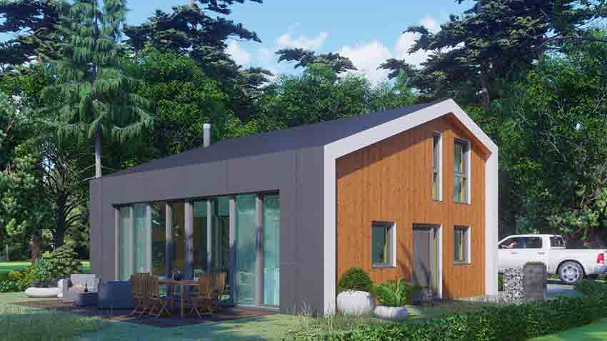 Modernes Einfamilienhaus mit großen Fenstern